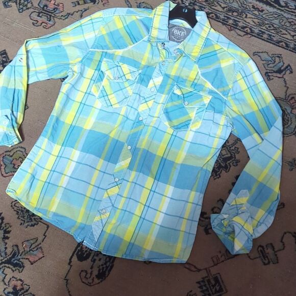 BKE Buckle Men's Athletic Fix Size m Western Plaid Pearl Snap Long - Picture 4 of 9